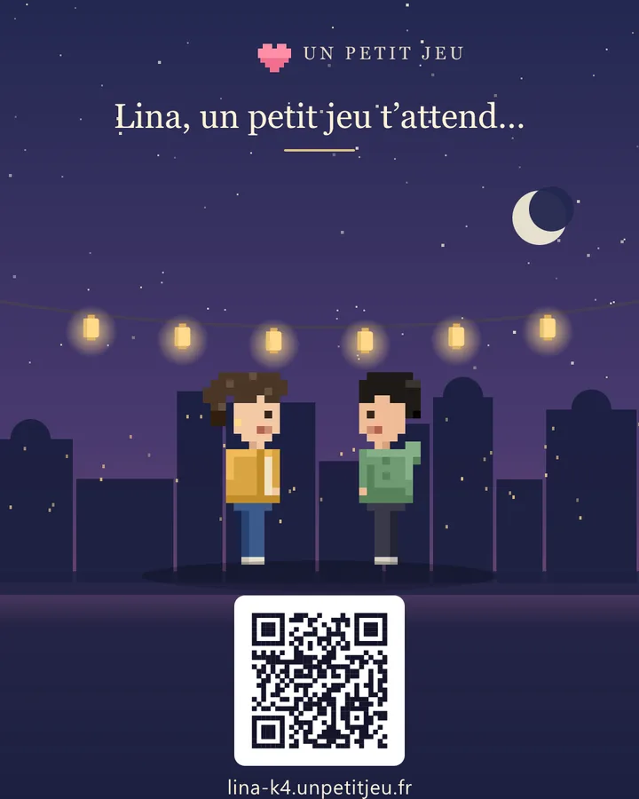 La carte à partager d’un petit jeu : « Lina, un petit jeu t’attend… » avec un QR code sous un ciel étoilé.