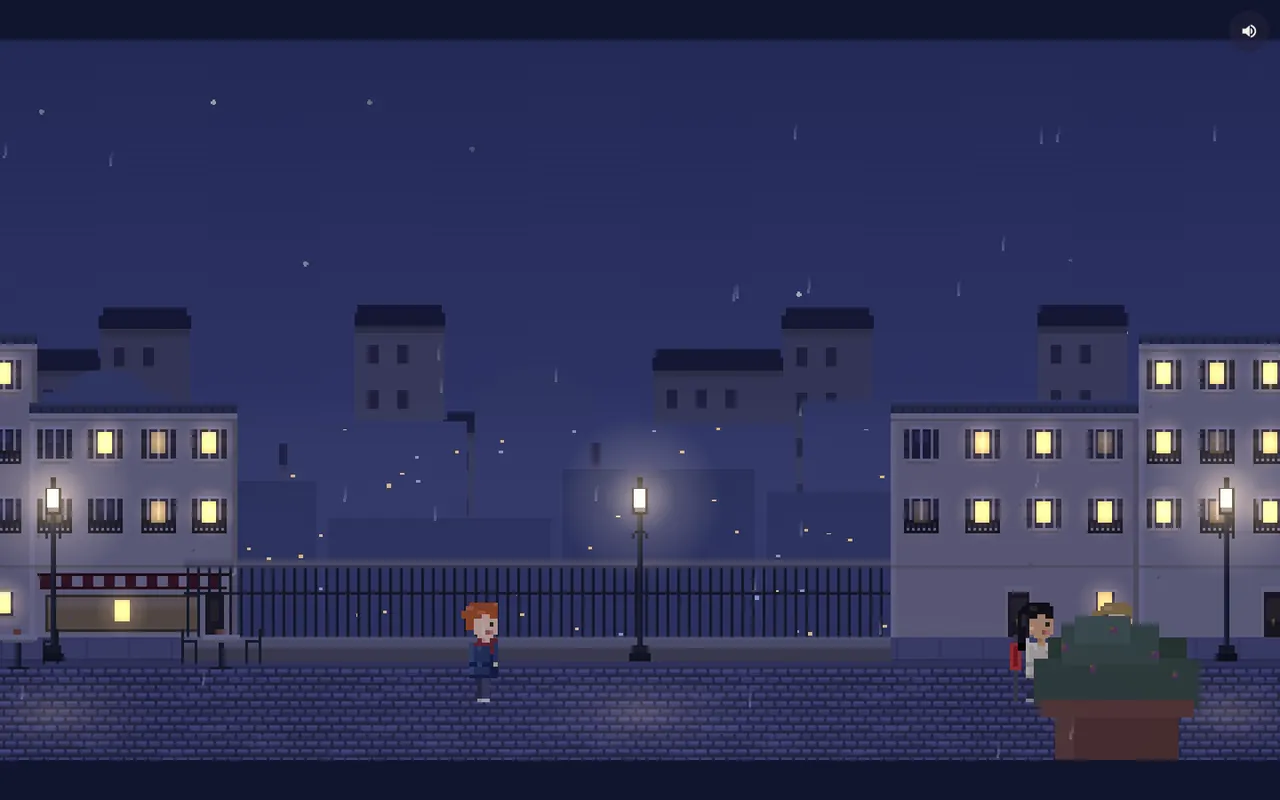 Démo Camille : une promenade nocturne sous la pluie le long d’un quai parisien, en pixel art.