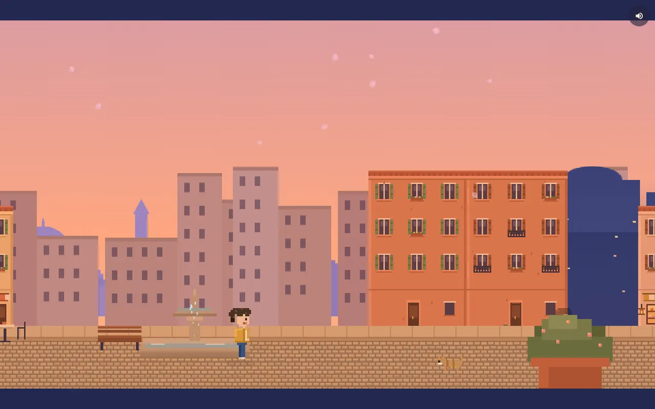 Démo Lina : un personnage marche sur une place de ville au coucher du soleil, en pixel art.