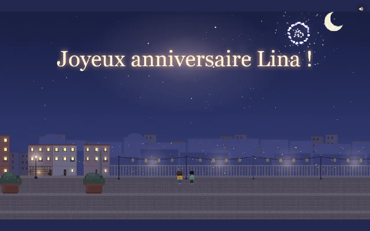 Aperçu réel d’un petit jeu : deux personnages regardent un feu d’artifice sous « Joyeux anniversaire Lina ! »